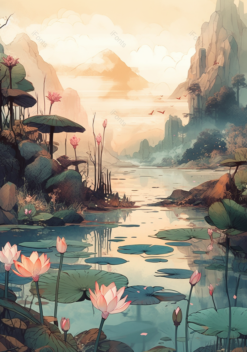 夏日凉爽小清新荷花日漫风格手绘插画背景,插画/手绘图,插画/手绘图库,插画/手绘图下载,插画/手绘